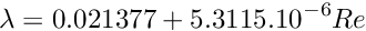 \[ \lambda = 0.021377 + 5.3115. 10^{-6} Re \]