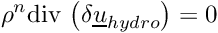 \[ \rho^n \divs \left( \delta \vect{u}_{hydro} \right) = 0 \]