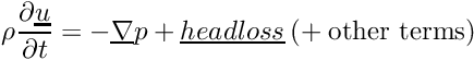 \[ \rho \der{\vect{u}}{t} = - \grad p + \vect{headloss} \: (+\: \text{other terms})\]