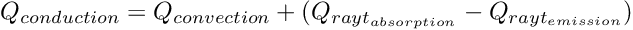 \[{ Q_{conduction} = Q_{convection} + (Q_{rayt_{absorption}} - Q_{rayt_{emission}}}) \]
