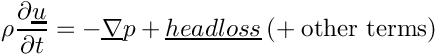 \[ \rho \der{\vect{u}}{t} = - \grad p + \vect{headloss} \: (+\: \text{other terms})\]